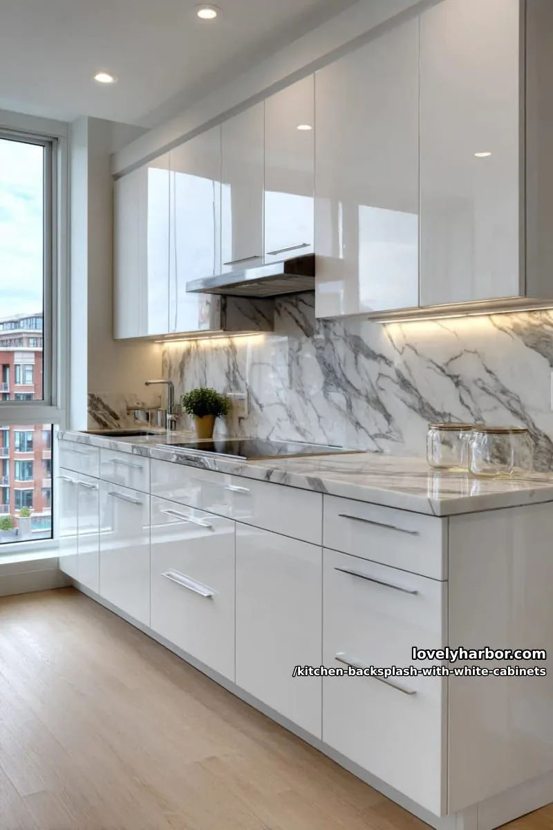 minimalist slab backsplash in white quartz with dramatic veining 1