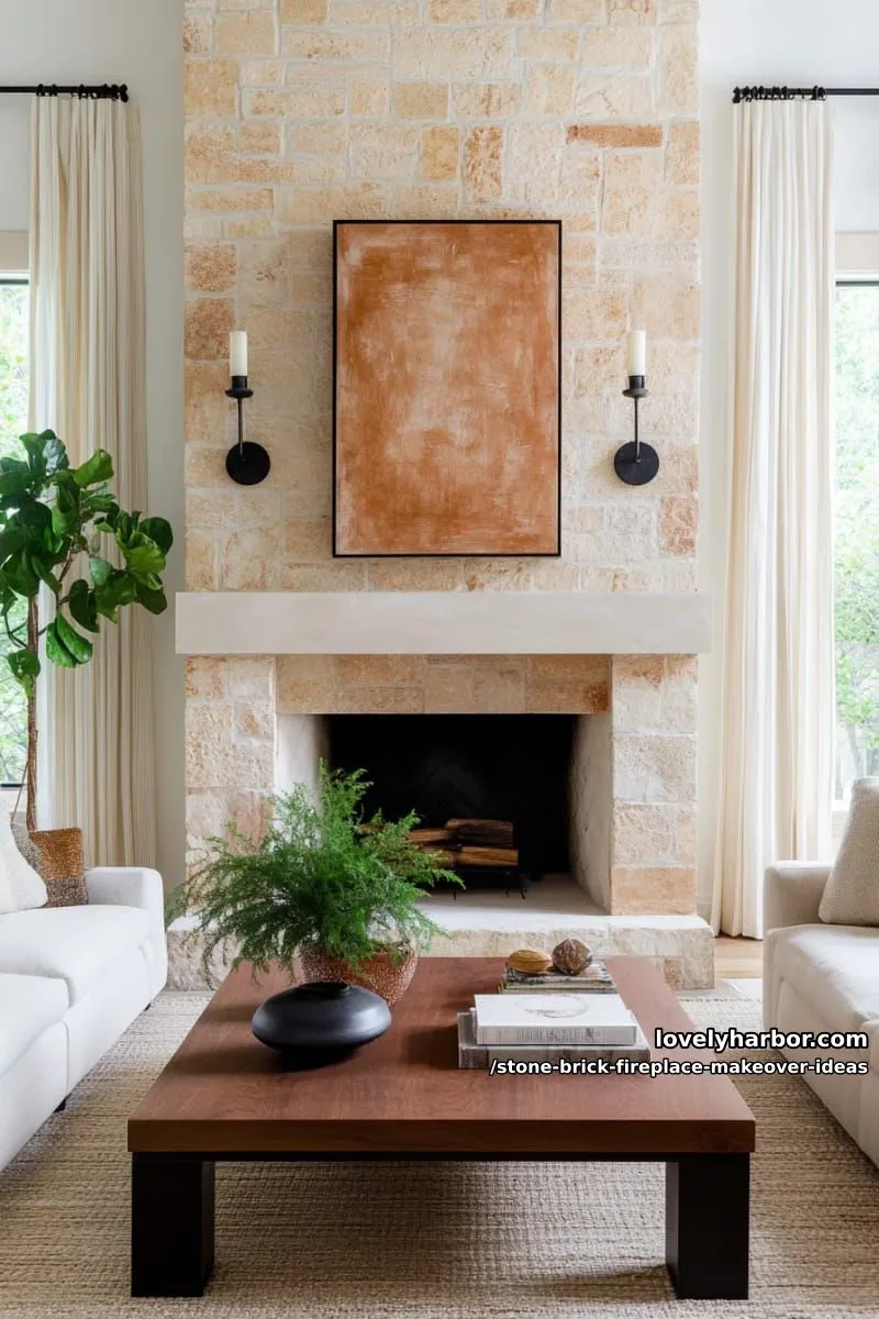 mix limestone with exposed brick for a sophisticated, textural living room focal point. 1