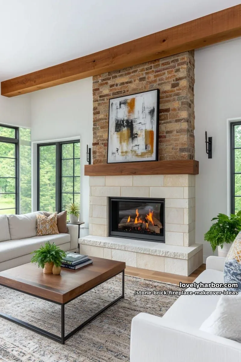 mix limestone with exposed brick for a sophisticated, textural living room focal point. 1