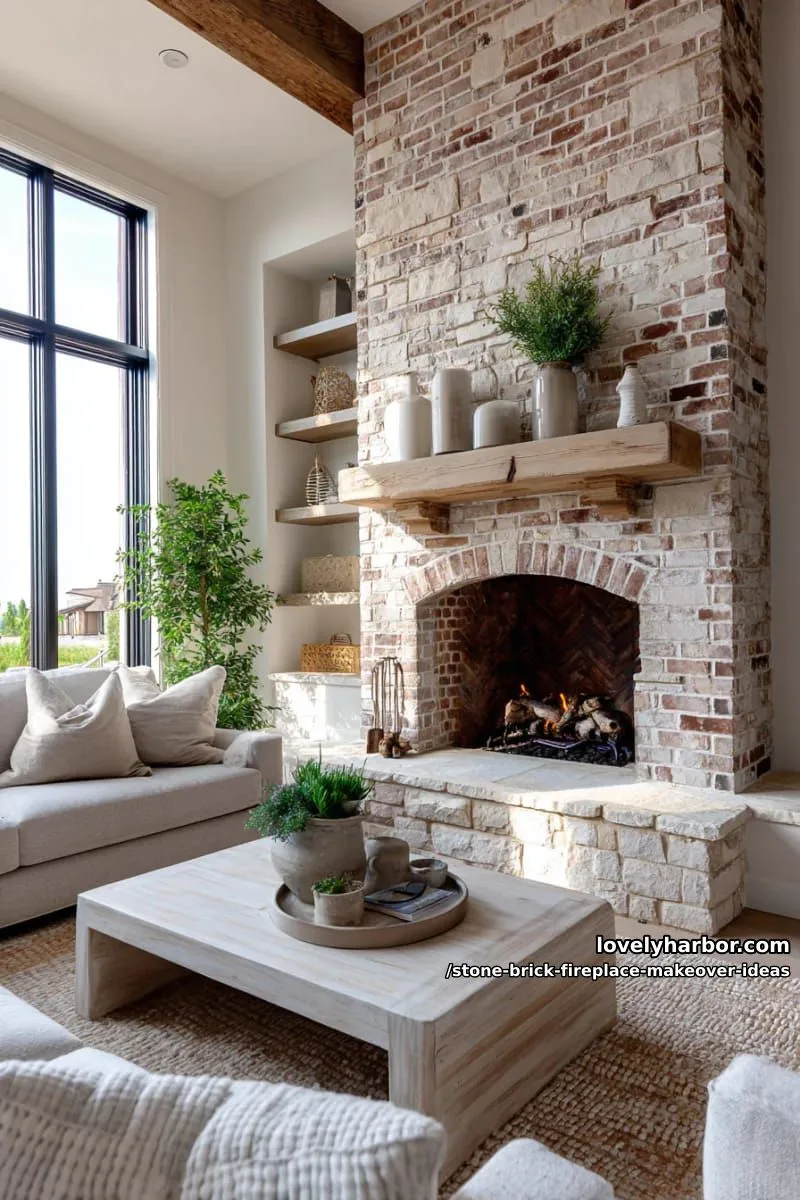 mix limestone with exposed brick for a sophisticated, textural living room focal point. 1