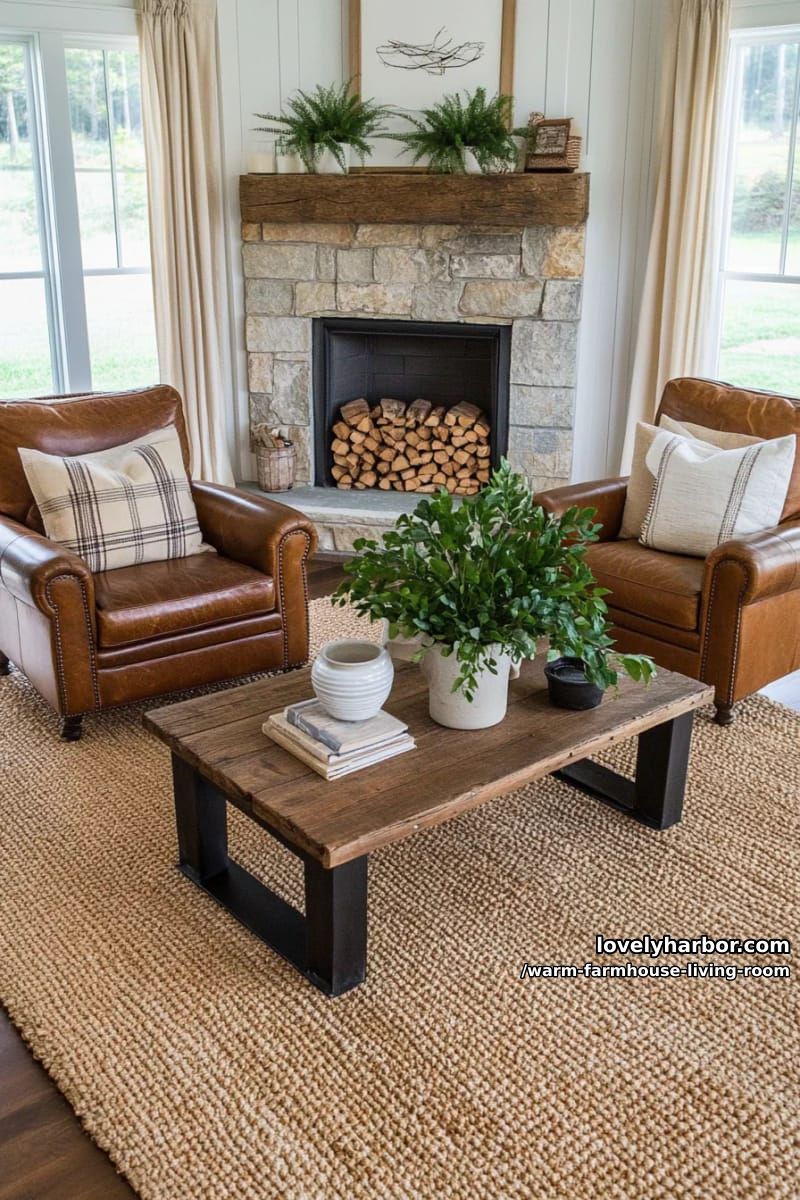 15 Ways to Style a Warm Farmhouse Living Room 9 mix neutral plaid pillows with leather armchairs and a woven jute area rug 1