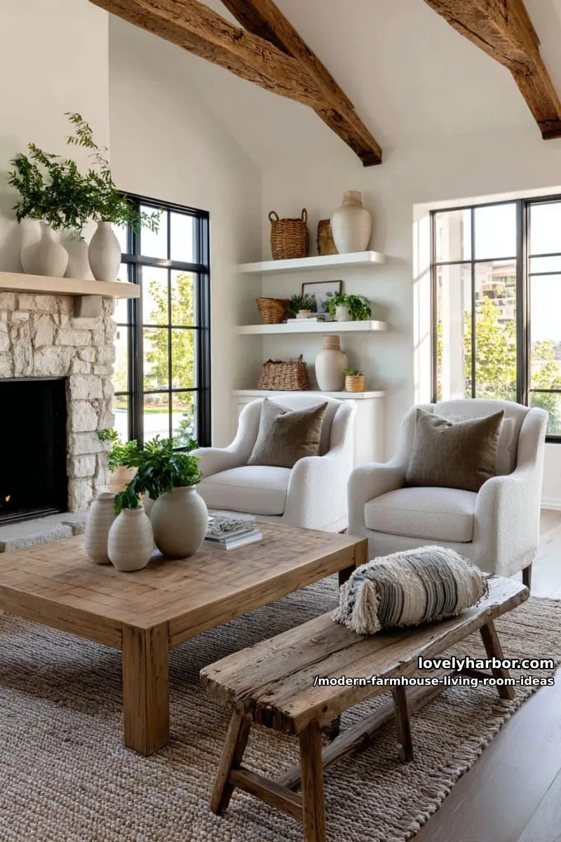 15 Modern Farmhouse Living Room Ideas for a Fresh Atmosphere 32 mix of mid-century armchairs and rustic wooden bench seating 1