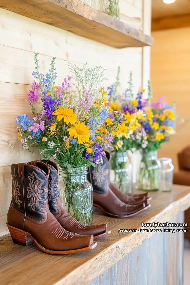 mix vintage cowboy boots and wildflower mason jars as unique shelf decor 1