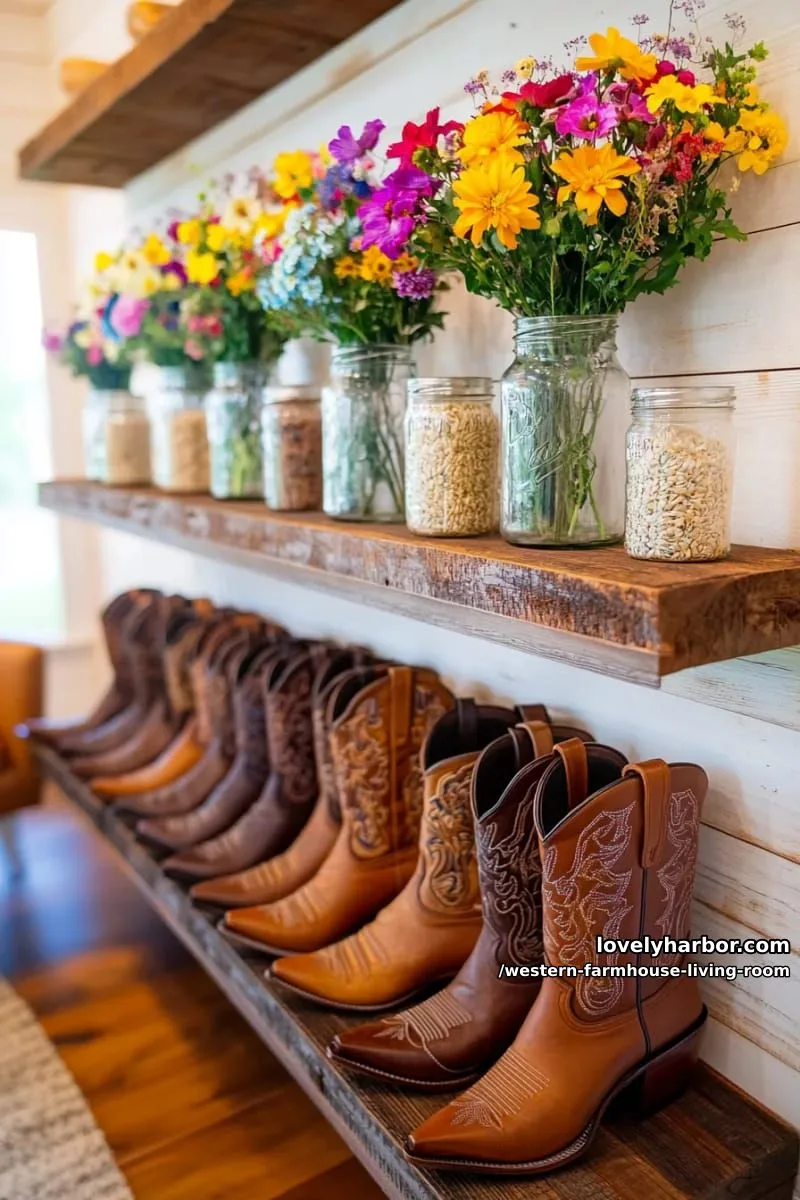 mix vintage cowboy boots and wildflower mason jars as unique shelf decor 1