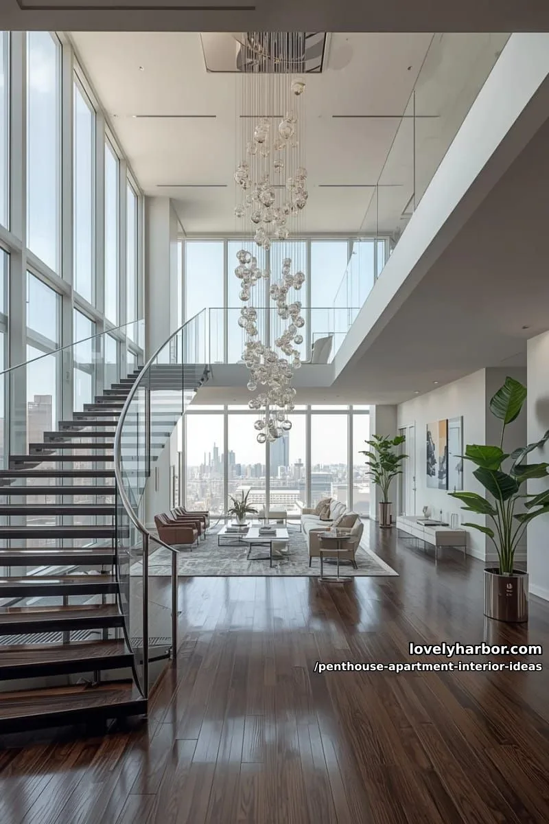 29 Stunning Penthouse Apartment Interior Design Ideas for a Fresh New Look 71 modern chandelier cascading down a grand open stairwell 1
