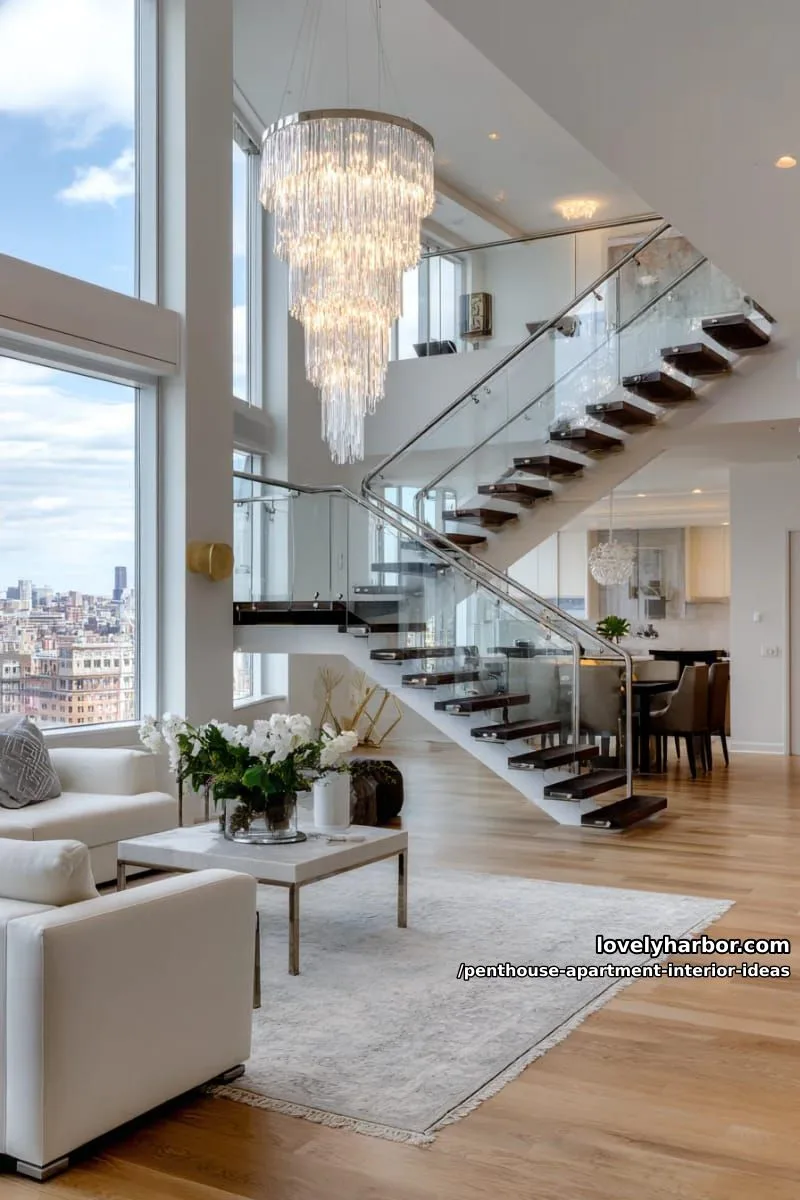 29 Stunning Penthouse Apartment Interior Design Ideas for a Fresh New Look 72 modern chandelier cascading down a grand open stairwell 1