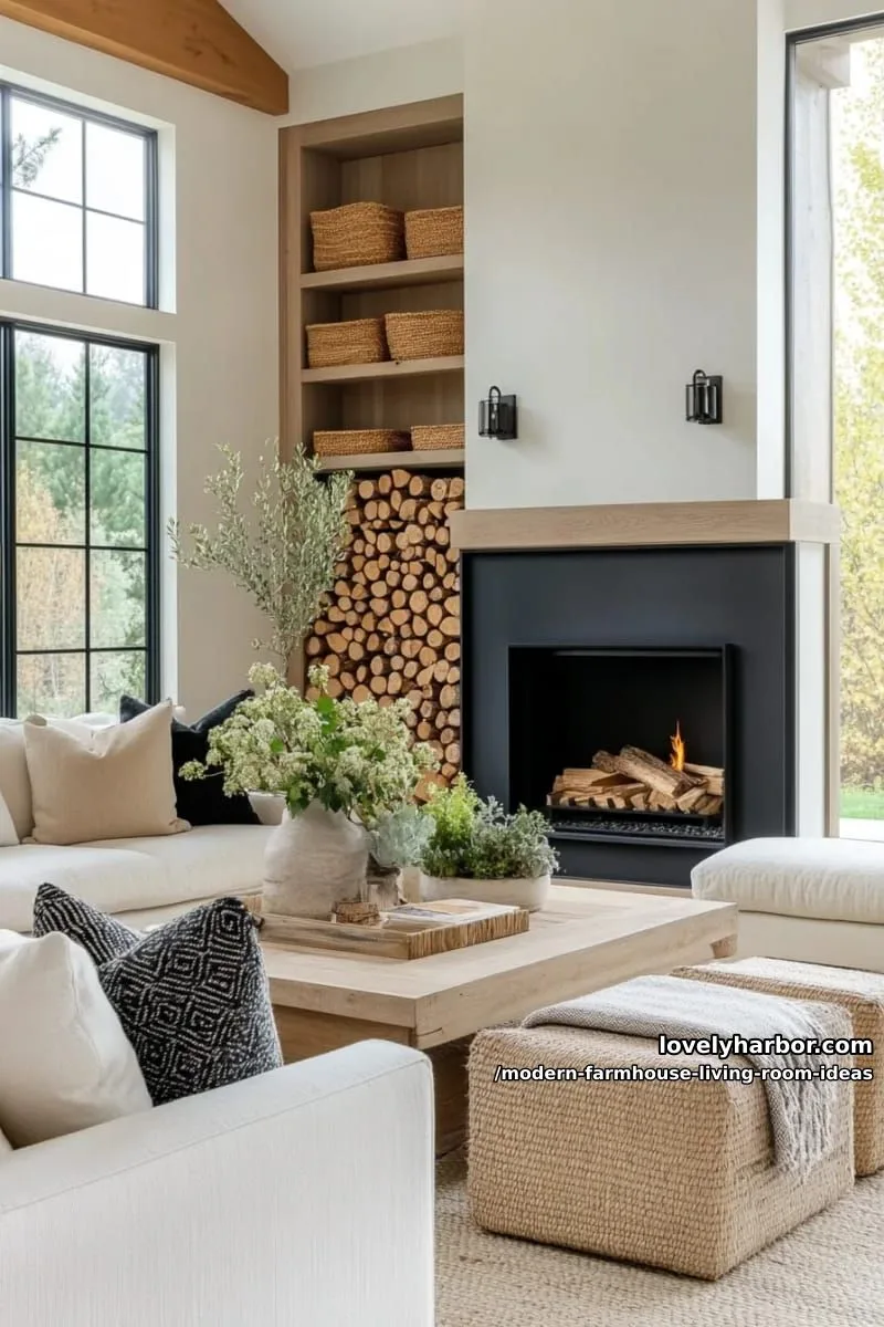 15 Modern Farmhouse Living Room Ideas for a Fresh Atmosphere 13 modern fireplace surround in matte black with stacked log storage 1