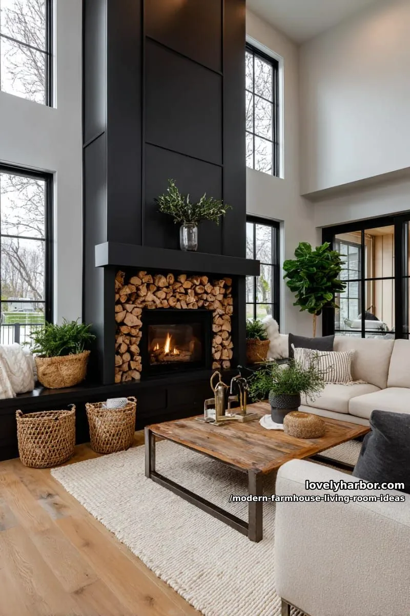 15 Modern Farmhouse Living Room Ideas for a Fresh Atmosphere 14 modern fireplace surround in matte black with stacked log storage 1