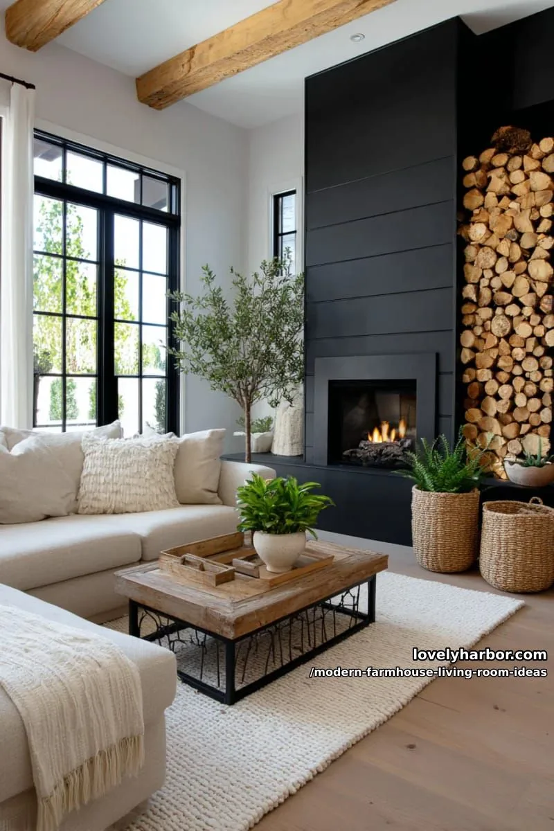 15 Modern Farmhouse Living Room Ideas for a Fresh Atmosphere 15 modern fireplace surround in matte black with stacked log storage 1