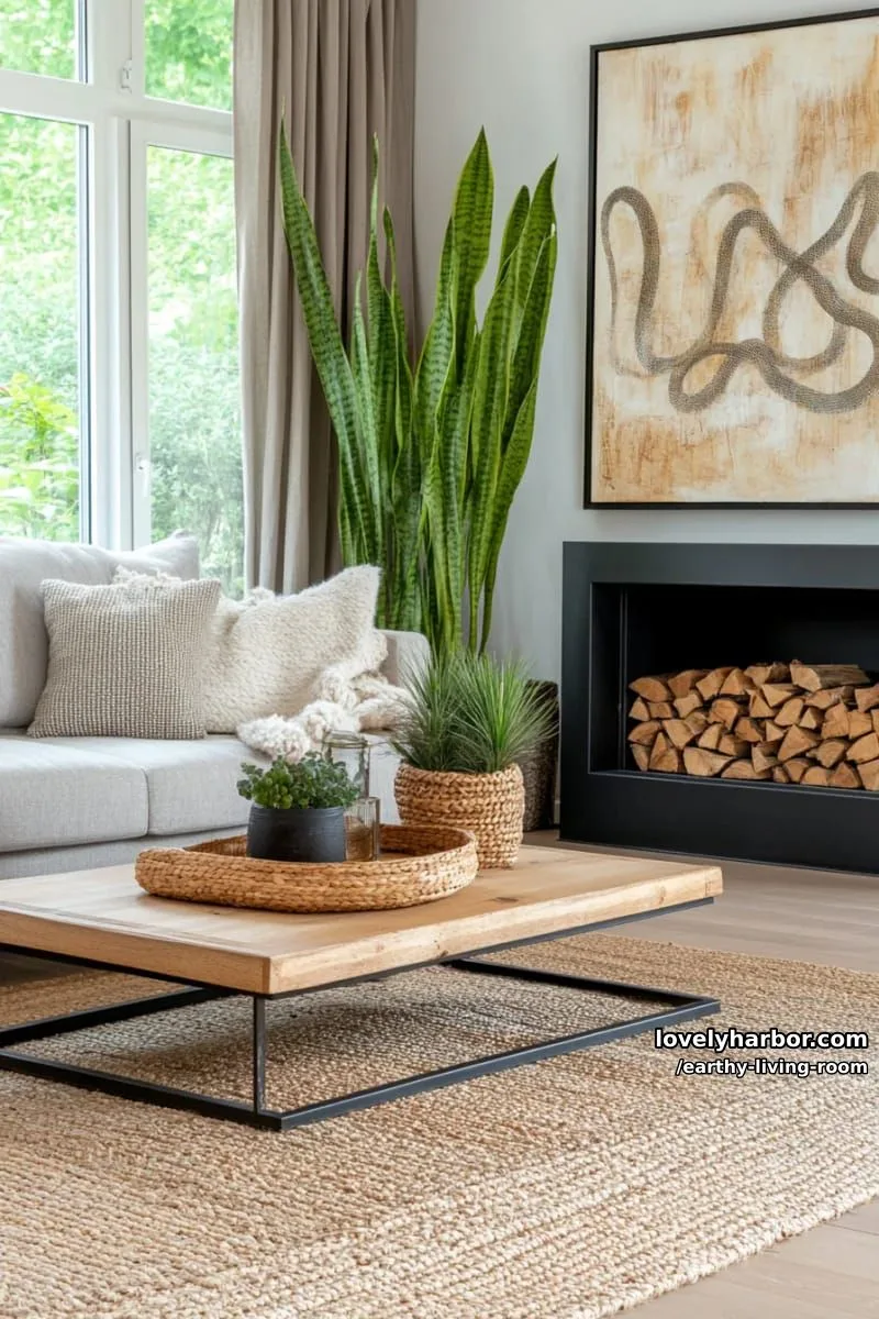 Bring Nature Indoors: 15 Earthy Living Room Designs to Inspire 29 modern fireplace with stacked firewood and potted snake plants 1