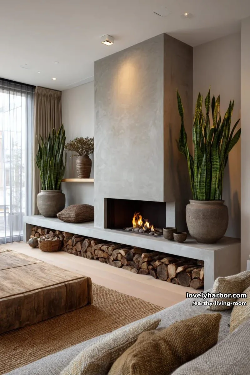 Bring Nature Indoors: 15 Earthy Living Room Designs to Inspire 30 modern fireplace with stacked firewood and potted snake plants 1
