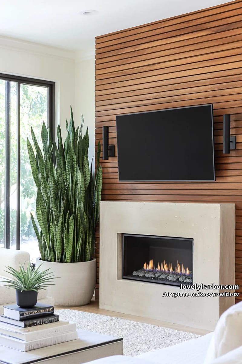 15 Elegant Ideas for Fireplace Makeover with TV 23 modern fireplace with walnut slat accent wall and wall-mounted tv 1