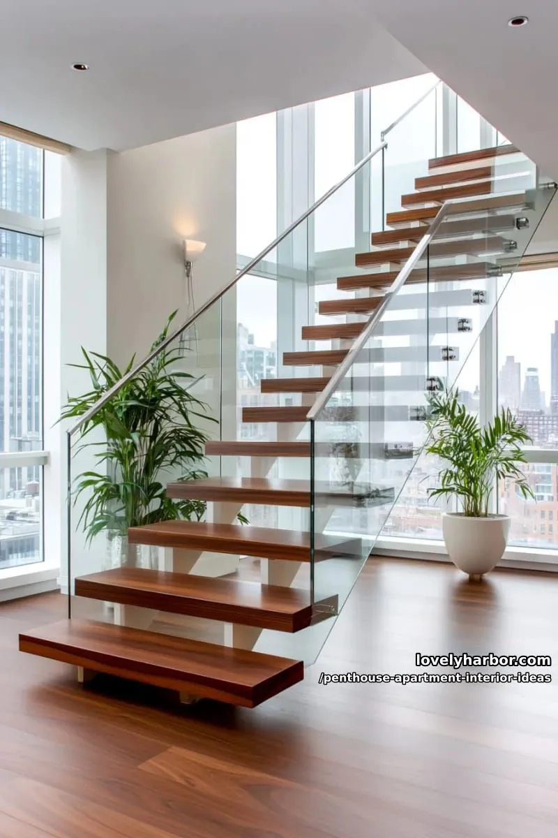 29 Stunning Penthouse Apartment Interior Design Ideas for a Fresh New Look 8 modern floating staircase with glass balustrades and sleek wood treads 1