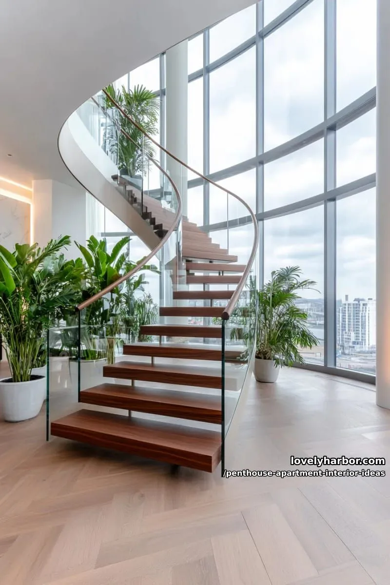 29 Stunning Penthouse Apartment Interior Design Ideas for a Fresh New Look 9 modern floating staircase with glass balustrades and sleek wood treads 1