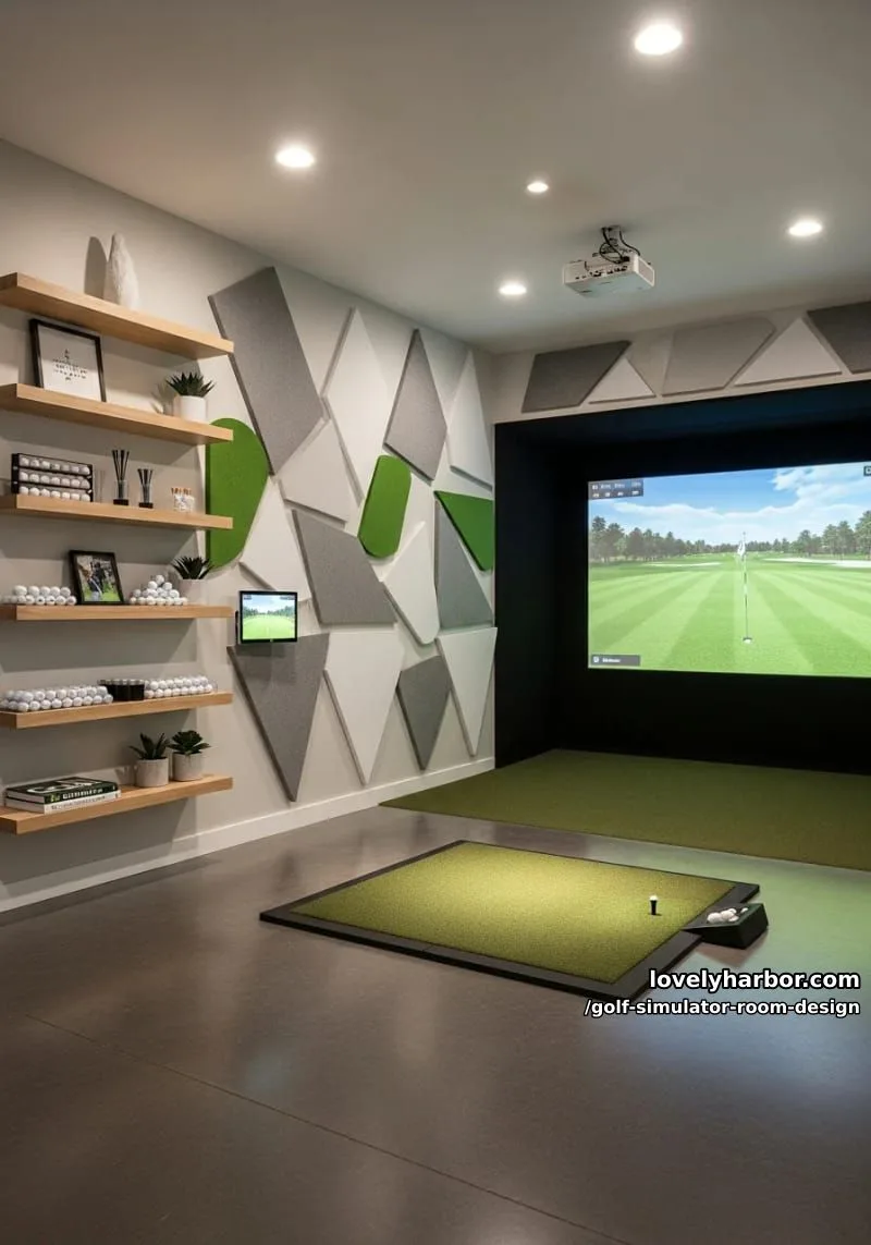 15 Chic Golf Simulator Room Designs to Help Update Your Space! 18 modern golf simulator nook with geometric acoustic panels and floating shelves 1