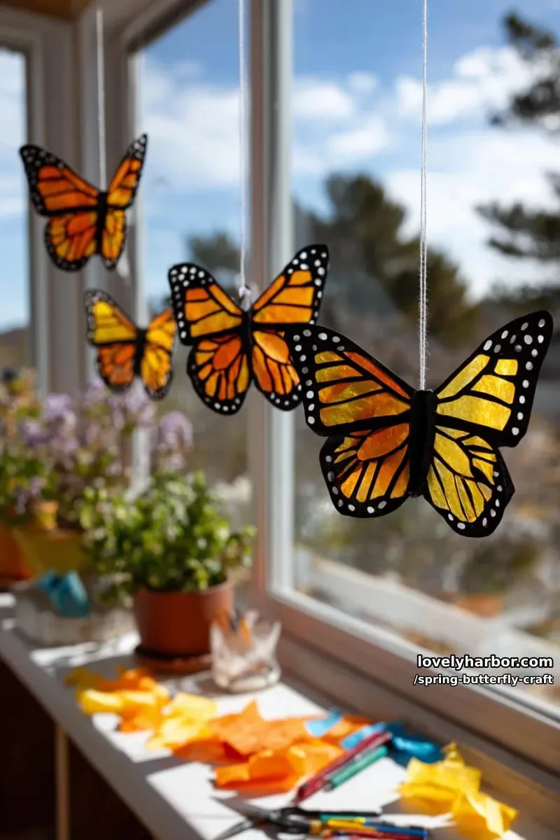 monarch butterfly wing suncatchers using tissue paper and black construction outlines 1