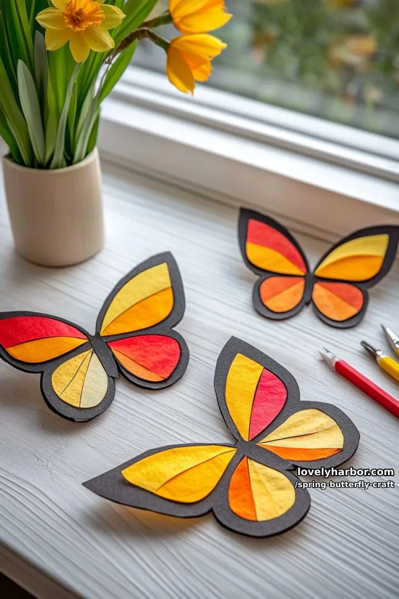 monarch butterfly wing suncatchers using tissue paper and black construction outlines 1