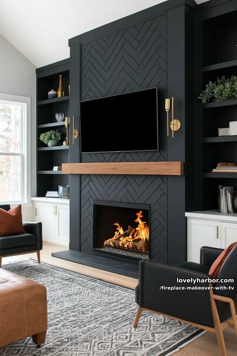 15 Elegant Ideas for Fireplace Makeover with TV 12 moody black tile fireplace and tv wall with brass accent sconces 1