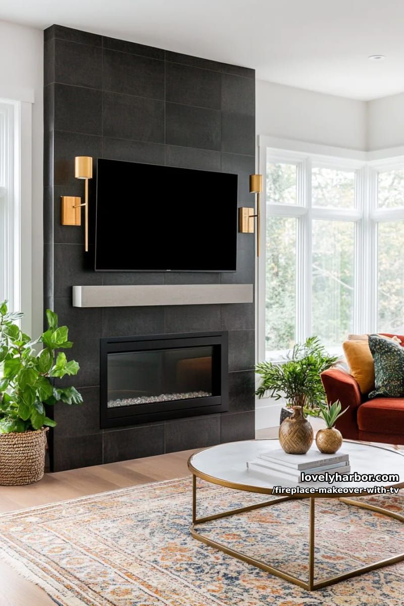 15 Elegant Ideas for Fireplace Makeover with TV 13 moody black tile fireplace and tv wall with brass accent sconces 1