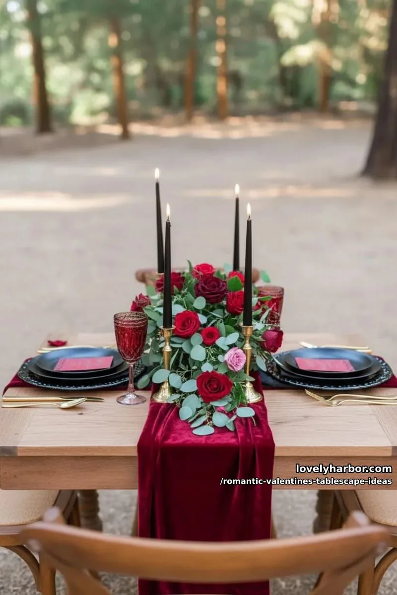 moody candlelit setting with black plates, burgundy glasses, and golden cutlery 1