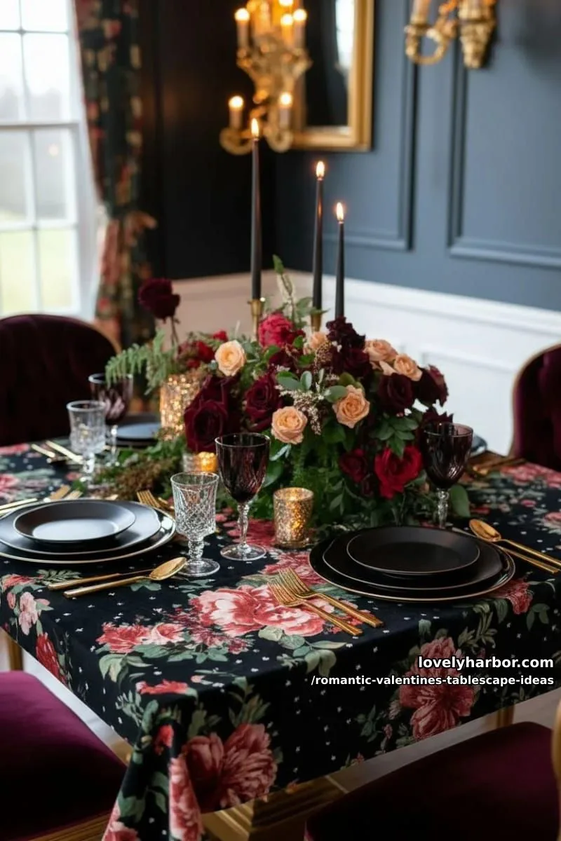moody candlelit setting with black plates, burgundy glasses, and golden cutlery 1