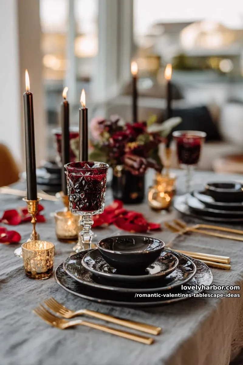 moody candlelit setting with black plates, burgundy glasses, and golden cutlery 1