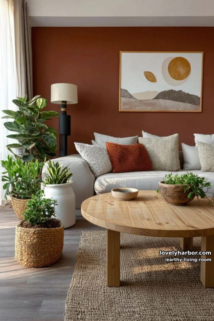 Apartment 8 moody earth-toned accent wall with abstract sun and moon art 7