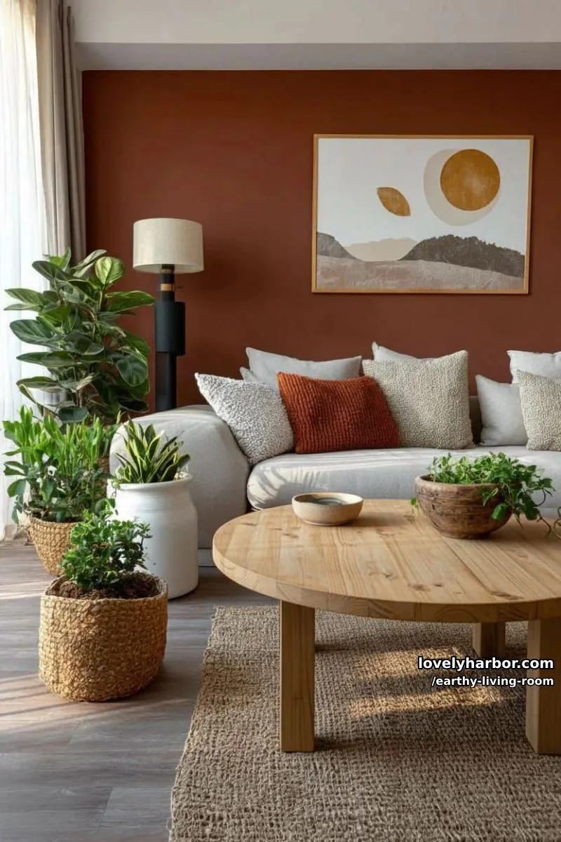 Bring Nature Indoors: 15 Earthy Living Room Designs to Inspire 7 moody earth-toned accent wall with abstract sun and moon art 1