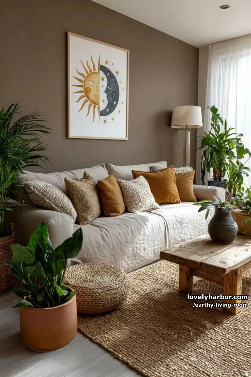 Bring Nature Indoors: 15 Earthy Living Room Designs to Inspire 8 moody earth-toned accent wall with abstract sun and moon art 1