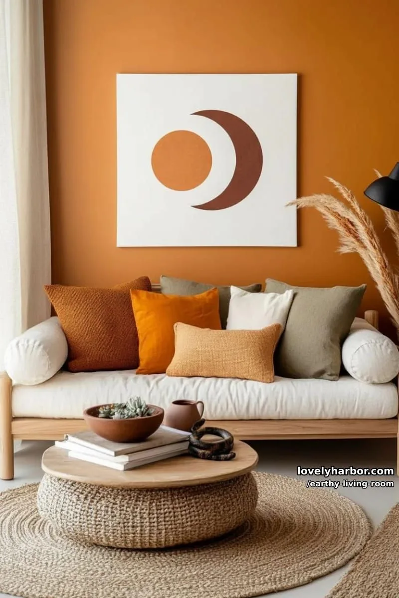 Bring Nature Indoors: 15 Earthy Living Room Designs to Inspire 9 moody earth-toned accent wall with abstract sun and moon art 1
