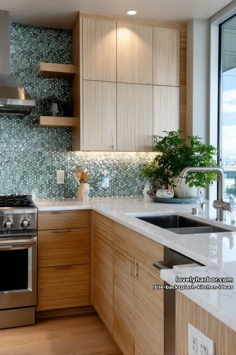 15 Tile Backsplash Ideas for a Stylish Kitchen 34 mosaic penny tiles in calming seafoam hues for a spa-like kitchen feel 1
