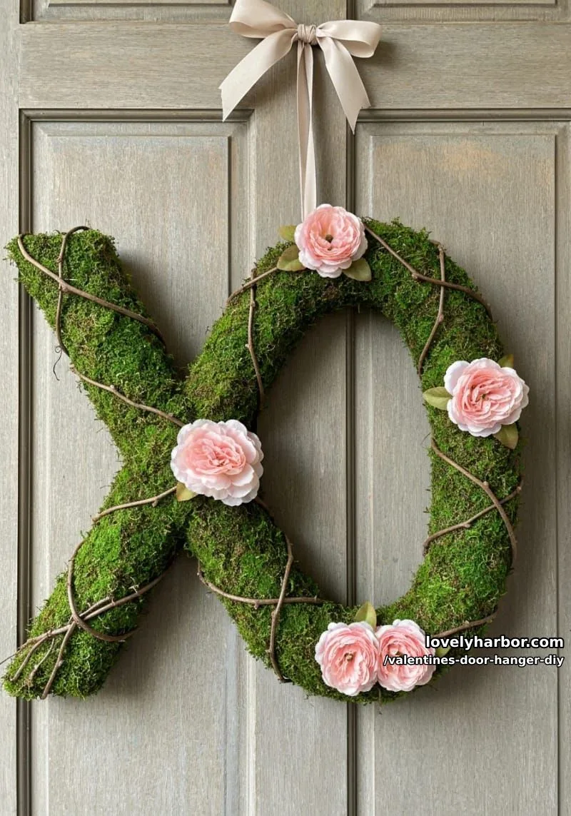 moss-covered “xo” monogram with rustic twigs and blush silk blooms 1