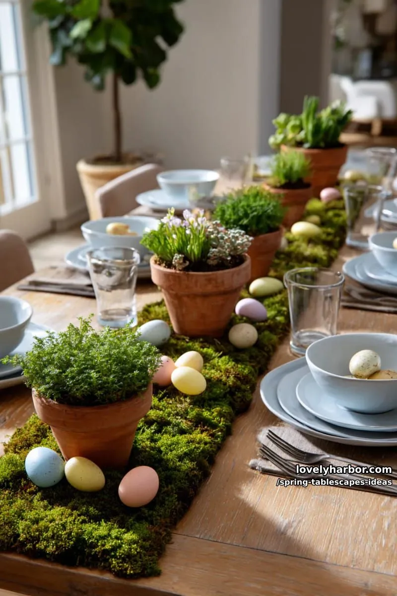 moss runner table with mini terracotta pots and pastel eggs scattered throughout 1