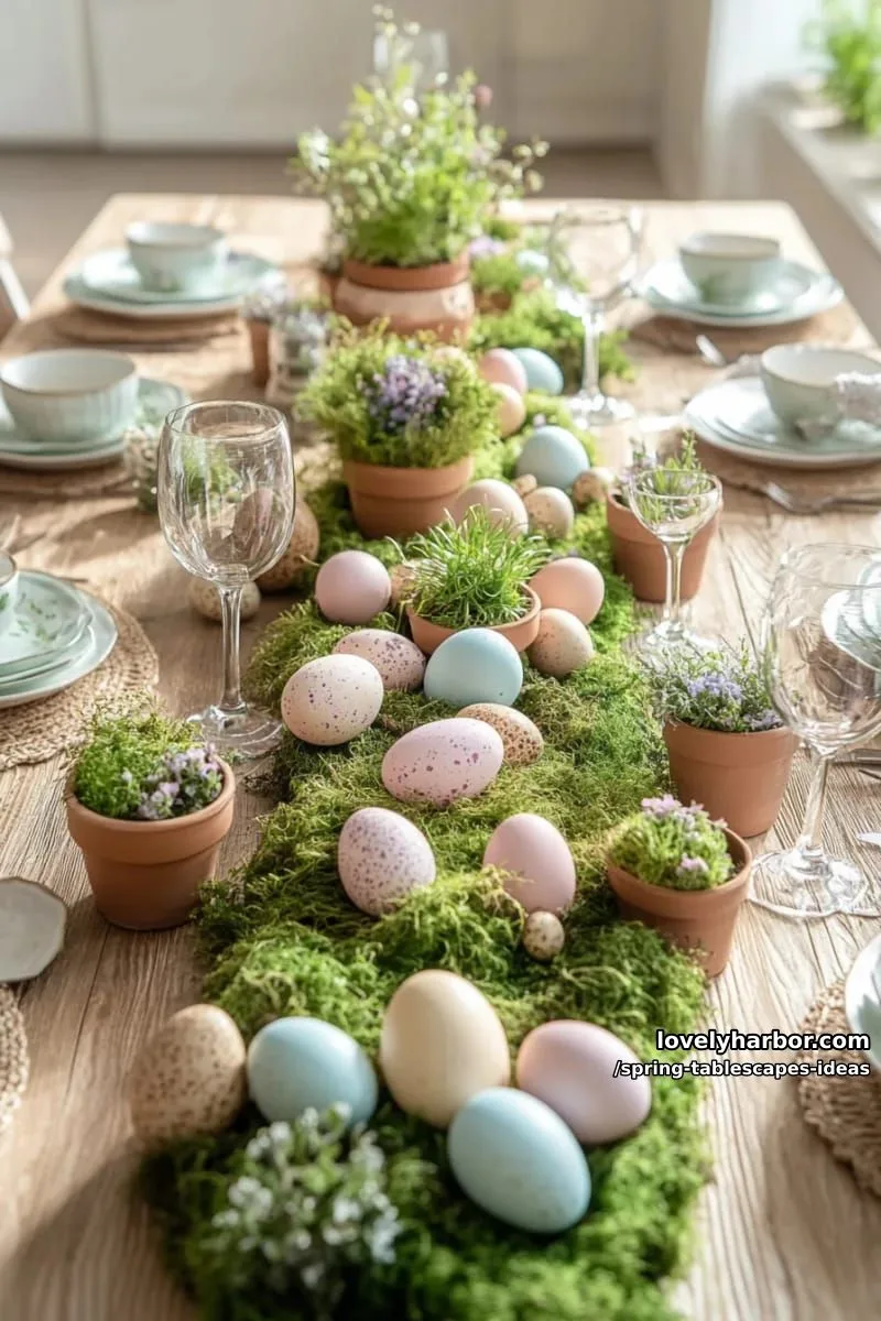moss runner table with mini terracotta pots and pastel eggs scattered throughout 1