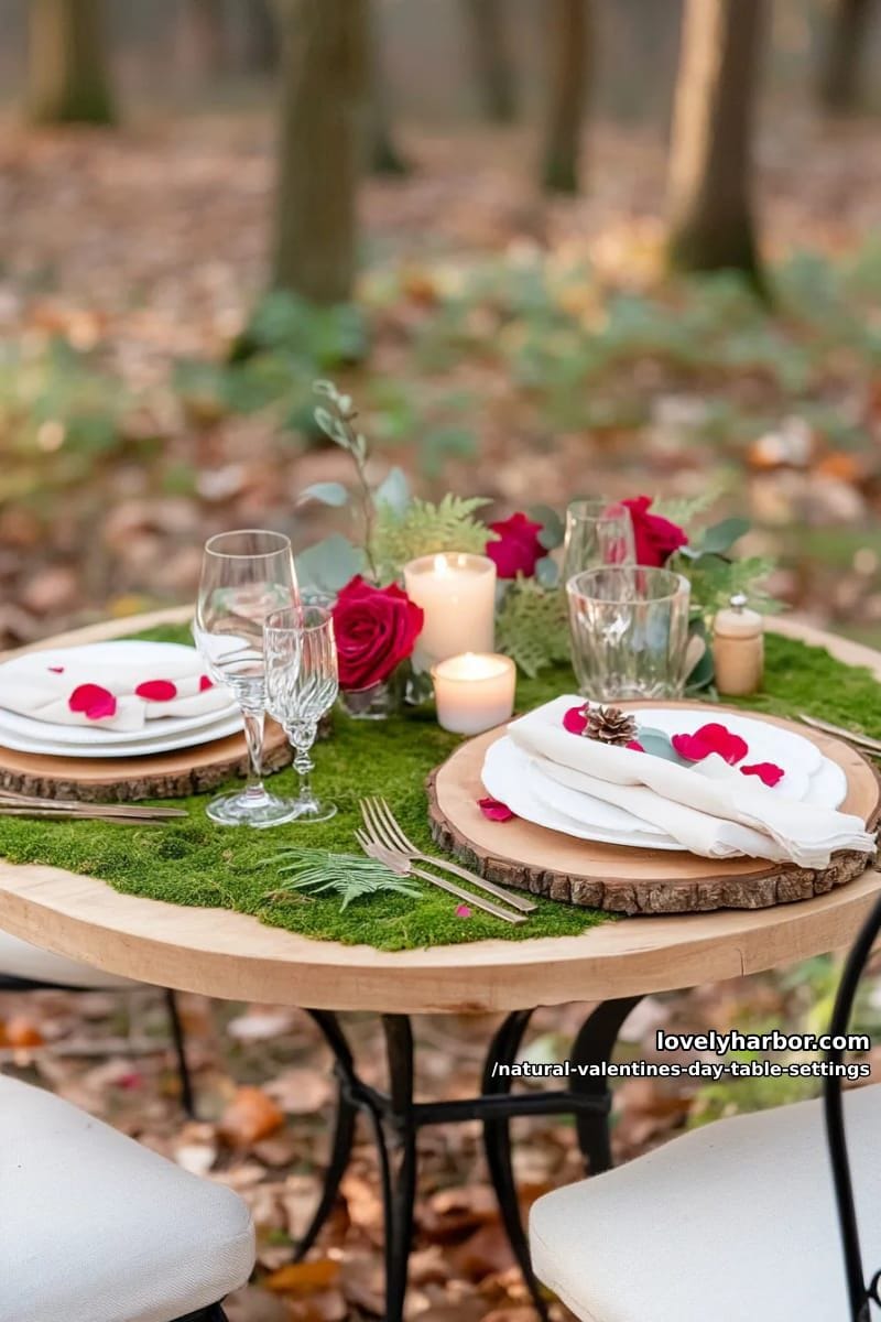 15 Natural Valentine’s Day Table Settings Perfect for a Romantic Table for Two 3 moss table runner with scattered rose petals and wood slice chargers 1