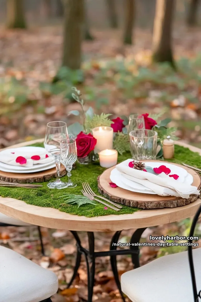 15 Natural Valentine’s Day Table Settings Perfect for a Romantic Table for Two 2 moss table runner with scattered rose petals and wood slice chargers 1