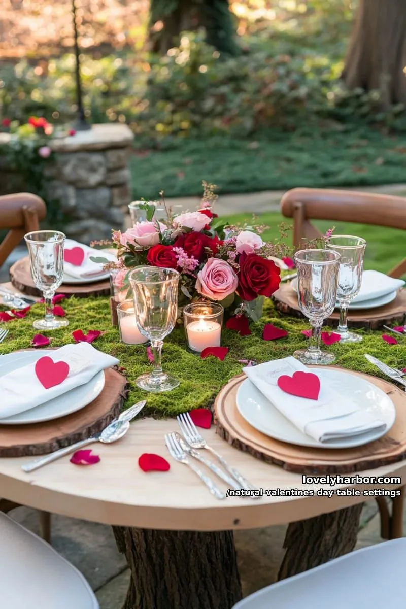 15 Natural Valentine’s Day Table Settings Perfect for a Romantic Table for Two 3 moss table runner with scattered rose petals and wood slice chargers 1