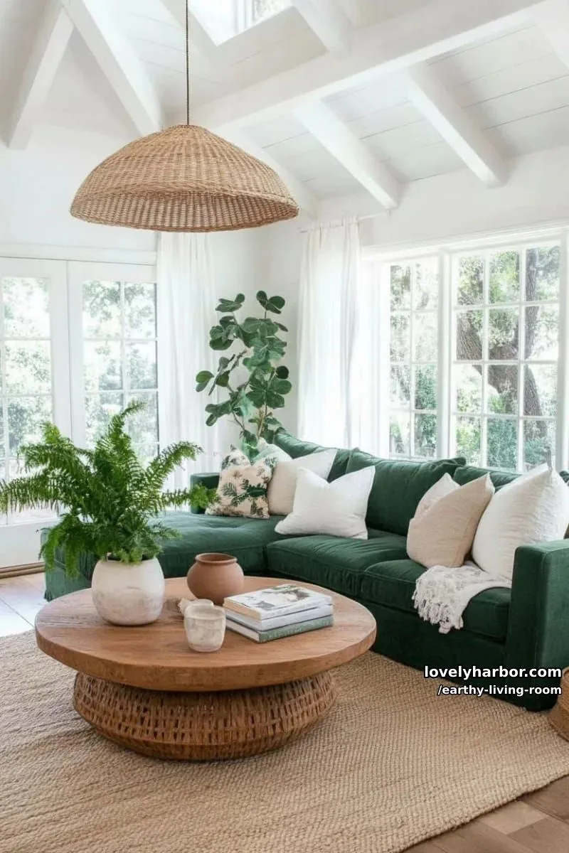 Bring Nature Indoors: 15 Earthy Living Room Designs to Inspire 23 mossy green sectional couch with chunky woven jute area rug 1