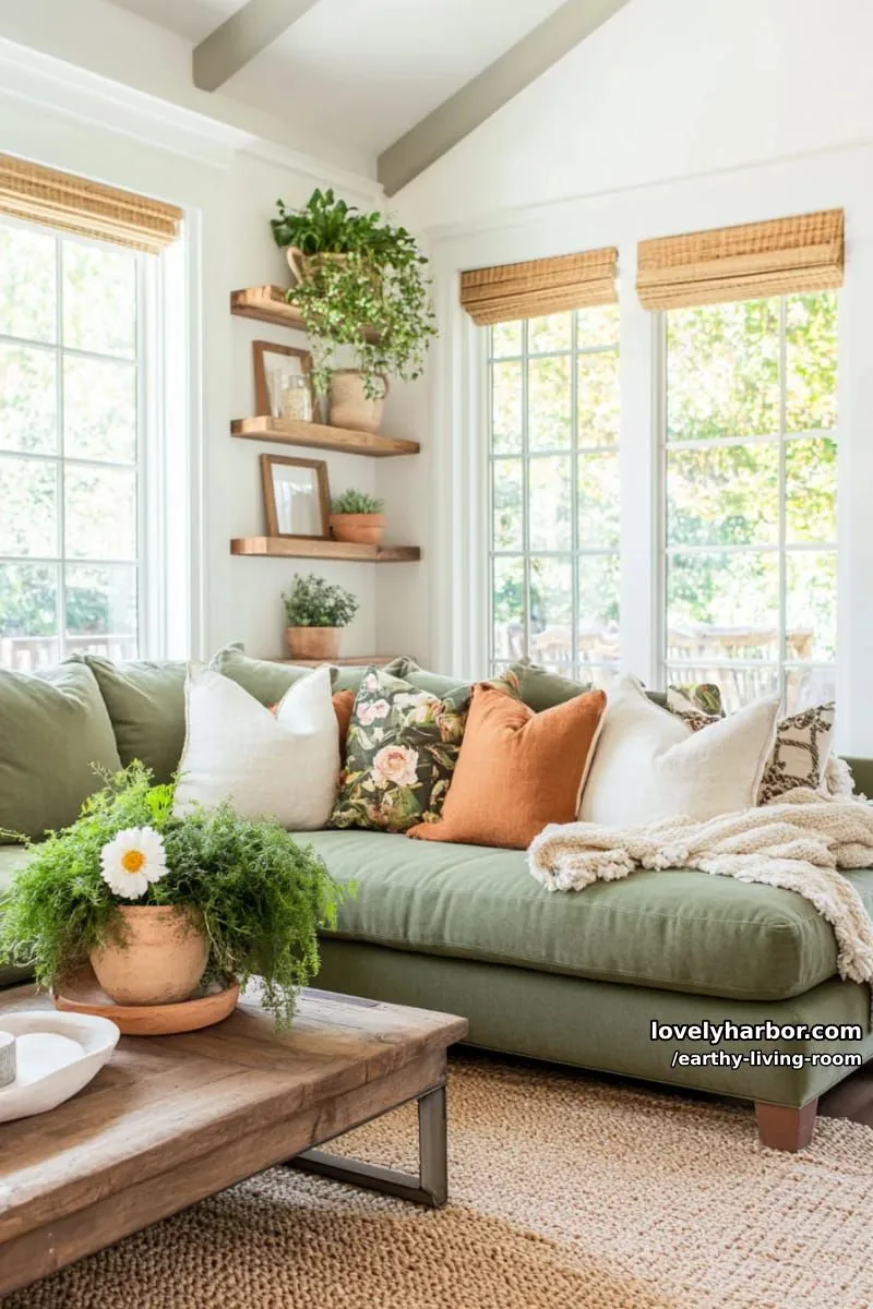 Bring Nature Indoors: 15 Earthy Living Room Designs to Inspire 24 mossy green sectional couch with chunky woven jute area rug 1