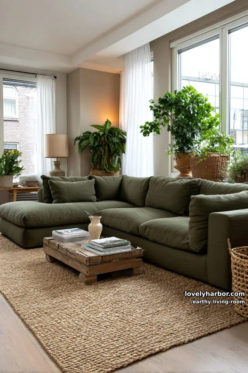 Bring Nature Indoors: 15 Earthy Living Room Designs to Inspire 25 mossy green sectional couch with chunky woven jute area rug 1