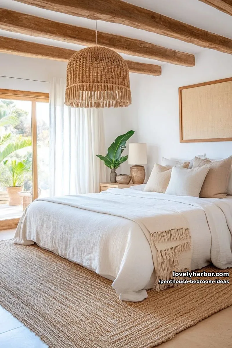 natural wood beams with soft neutral linens and statement pendant lamp 1