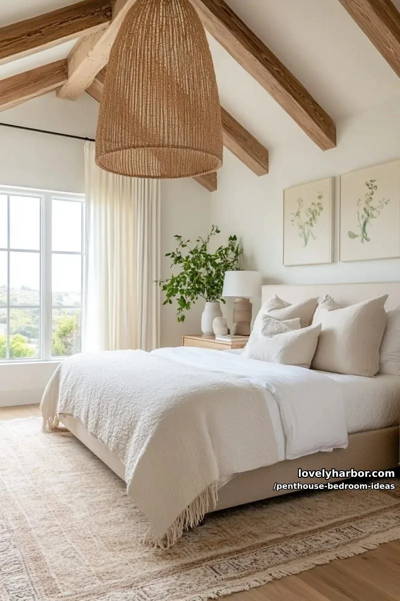 natural wood beams with soft neutral linens and statement pendant lamp 1