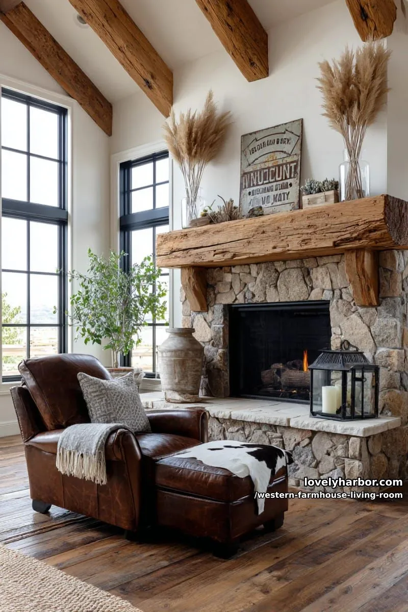 natural wood mantel decorated with pampas grass and old ranch signage 1