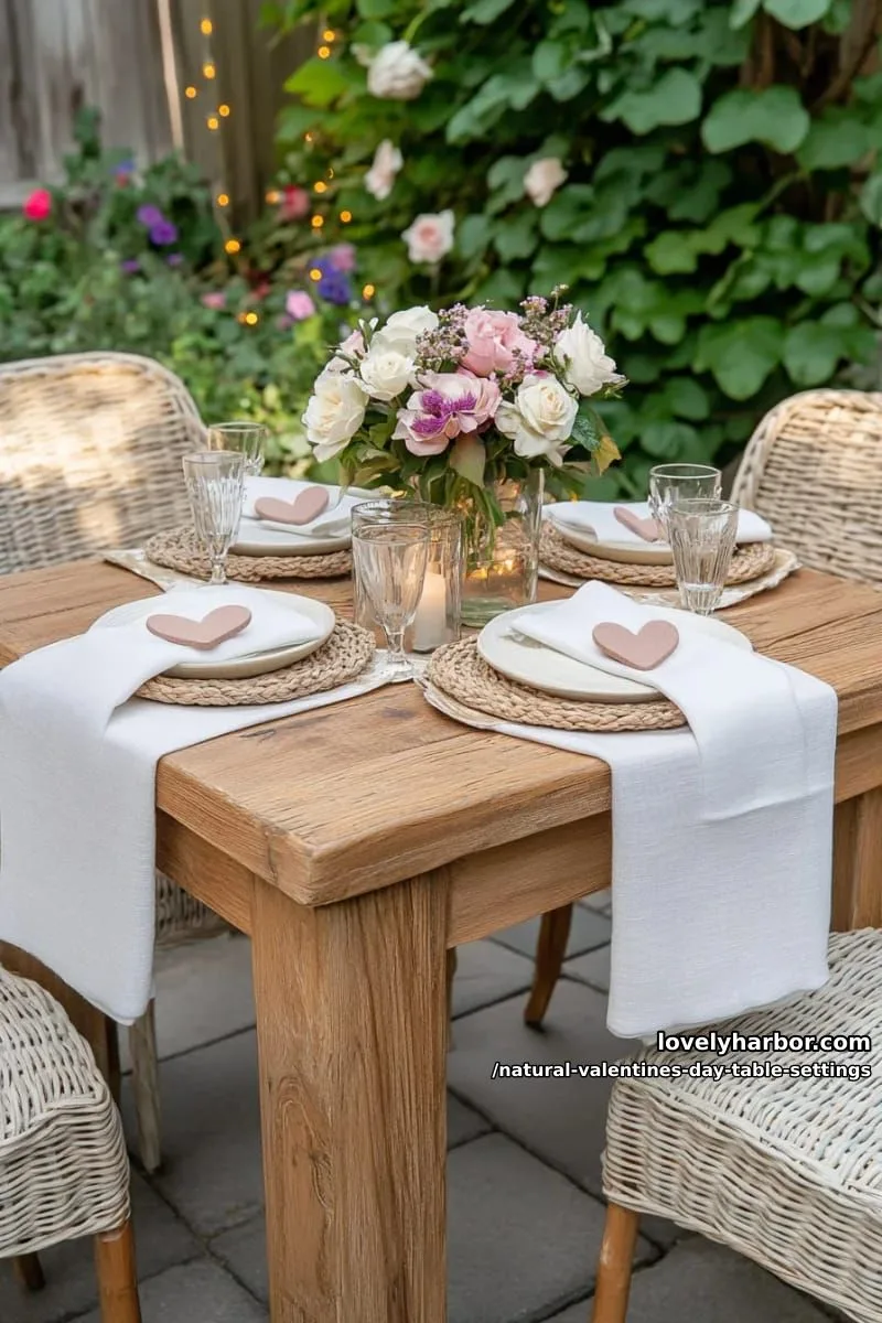 15 Natural Valentine’s Day Table Settings Perfect for a Romantic Table for Two 35 natural woven placemats with handmade felt heart napkin rings 1
