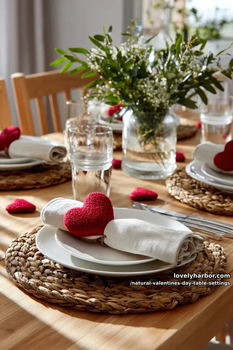 15 Natural Valentine’s Day Table Settings Perfect for a Romantic Table for Two 36 natural woven placemats with handmade felt heart napkin rings 1