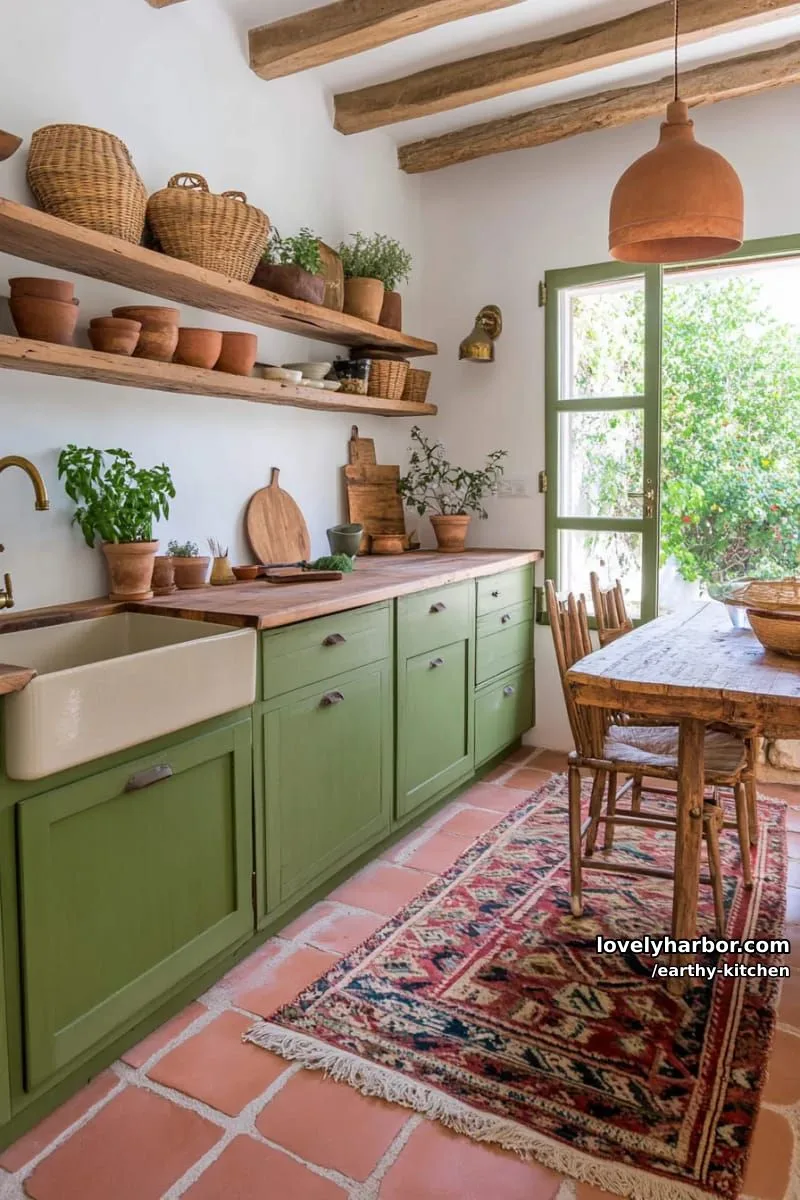 olive green cabinets paired with chunky wood open shelving for earthy kitchen vibes 1
