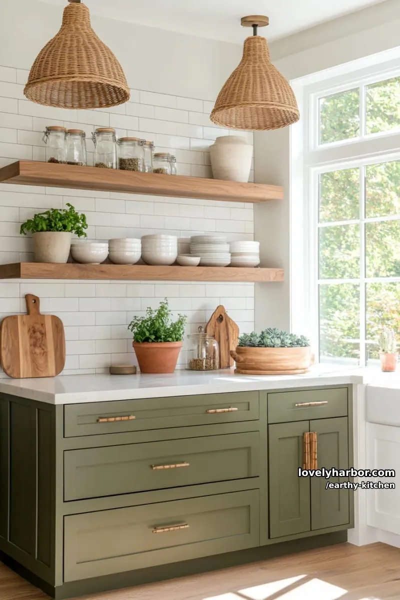 olive green cabinets paired with chunky wood open shelving for earthy kitchen vibes 1