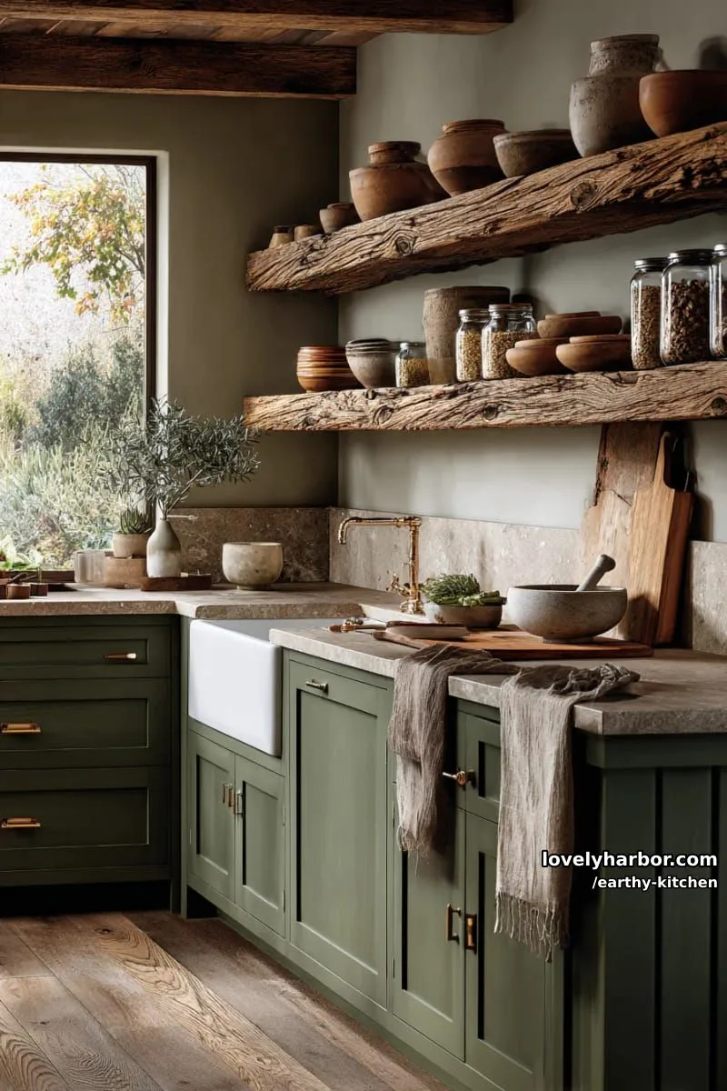 olive green cabinets paired with chunky wood open shelving for earthy kitchen vibes 1