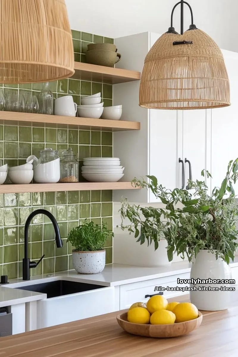 15 Tile Backsplash Ideas for a Stylish Kitchen 2 olive green square tiles paired with floating wooden shelves for earthy vibes 1
