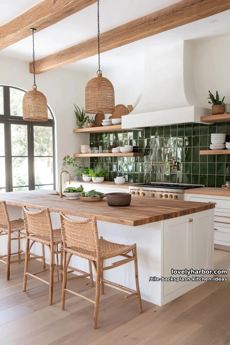 15 Tile Backsplash Ideas for a Stylish Kitchen 3 olive green square tiles paired with floating wooden shelves for earthy vibes 1
